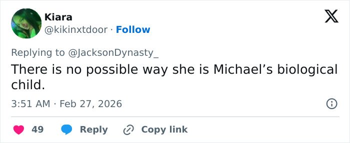 A Twitter user comments expressing doubt about Paris Jackson being Michael&rsquo;s biological child amid fan scrutiny.