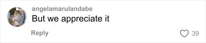 Comment on social media post saying but we appreciate it with 39 likes, related to Bridgerton star's bathtub scene reaction.
