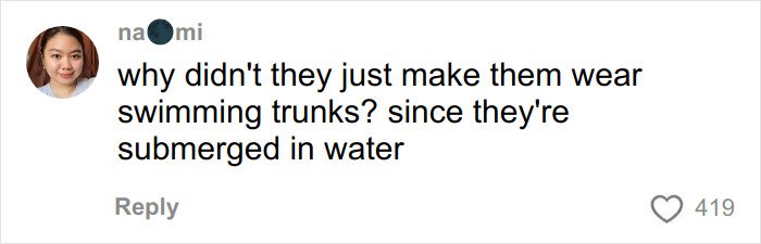 Comment by a user named Naomi questioning why swimming trunks weren't used during a steamy Bridgerton bathtub scene.