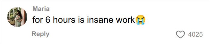 Comment by Maria expressing frustration about six hours of intense work with a crying emoji on a social media platform.
