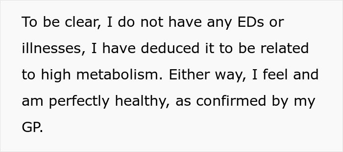 Text stating no eating disorders or illnesses, attributing low weight to high metabolism, and confirmed healthy by GP.
