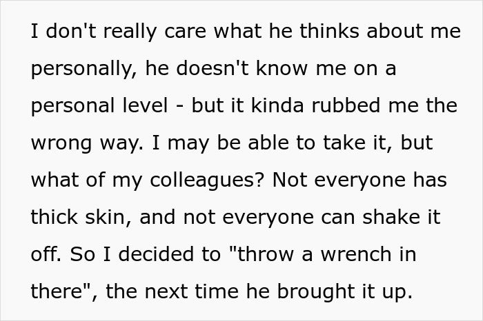 Text excerpt showing a man sharing how he handled his boss commenting on his low weight with a clever response.