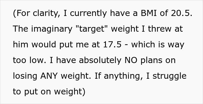 Text explaining a man&rsquo;s BMI and response to comments on his low weight, addressing his struggle to gain weight.