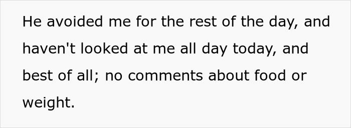 Text on a white background showing a message about avoiding comments on food and weight to shut up his boss.