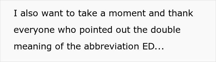 Text excerpt highlighting a humorous moment about the double meaning of the abbreviation ED related to a man and his boss's comments on weight.