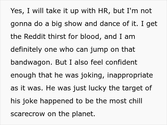 Text excerpt from a man wanting to shut up his boss after comments on his low weight, showing confidence and humor.