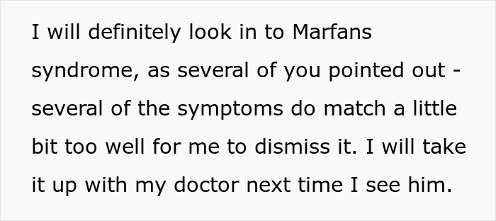 Text message discussing Marfans syndrome symptoms and plan to consult doctor about low weight concerns.