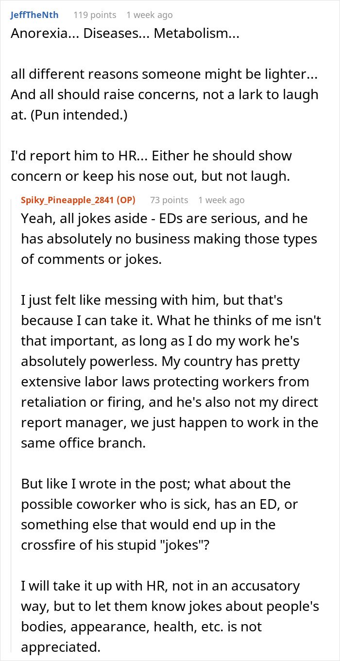 Online discussion about a man dealing with his boss's comments on his low weight and eating disorders concerns.