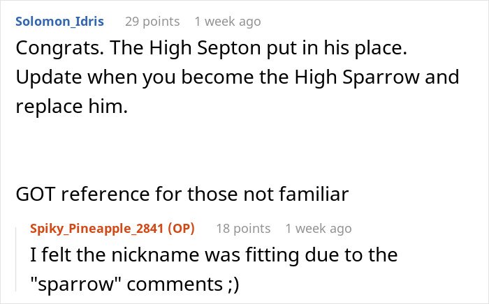 Screenshot of a Reddit conversation referencing a boss and a witty comment about low weight and sparrow nicknames.
