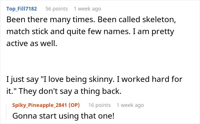 Screenshot of a discussion where a man cleverly responds to his boss's comments about his low weight.
