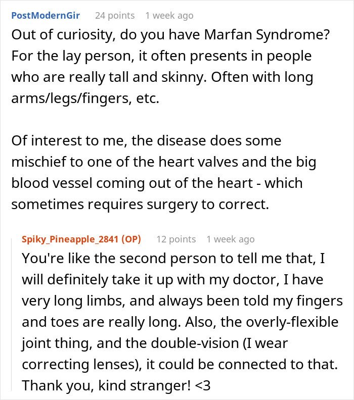 Reddit conversation about a man responding to his boss's comments on his low weight with long limbs and possible Marfan Syndrome.