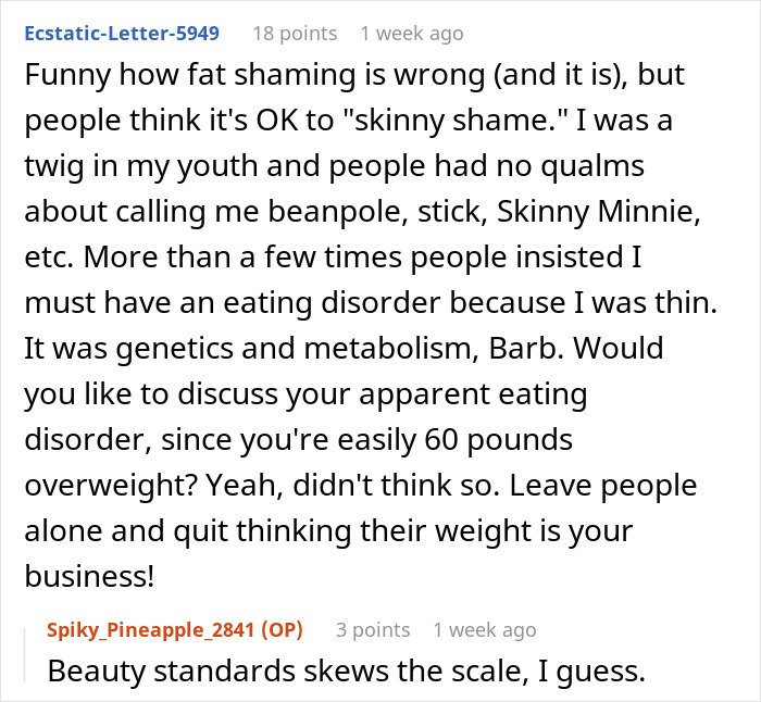 Text conversation about skinny shaming and metabolism, highlighting man messing with boss over low weight comments.