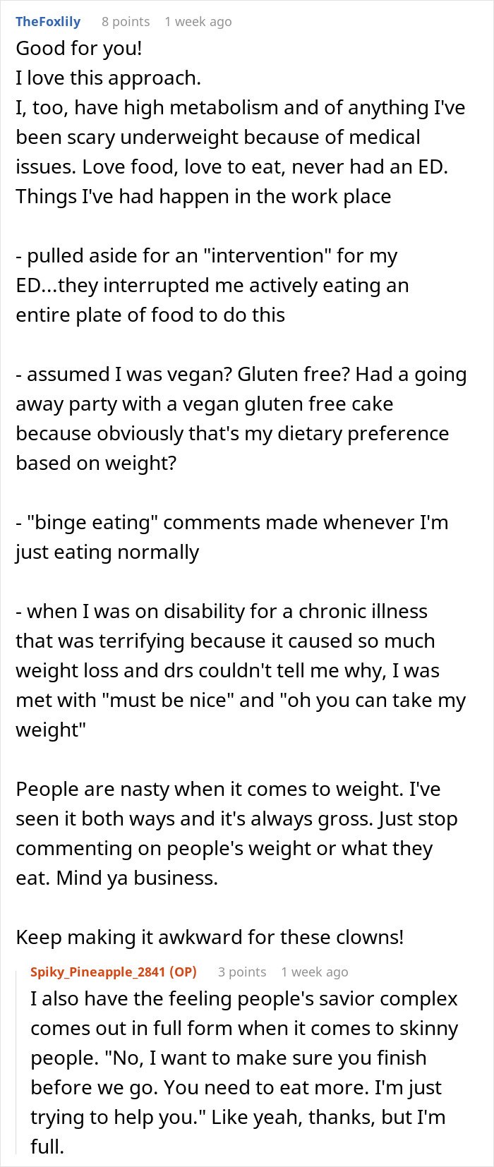 Reddit thread discussing workplace comments on low weight and how a man deals with his boss's remarks.