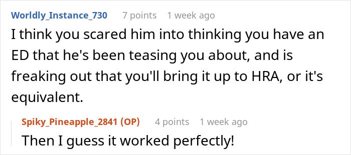 Screenshot of online comments showing a man messing with his boss after a remark on his low weight.