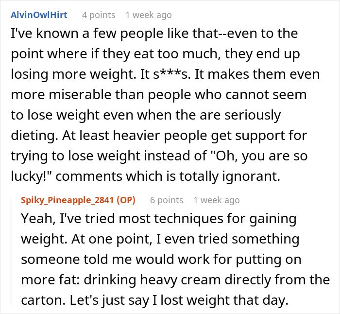 Online discussion about weight struggles, including attempts to gain weight and responses to comments on low weight.