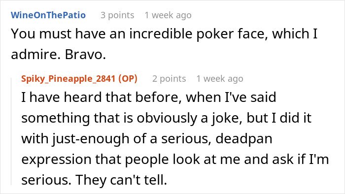 Man with poker face messes with boss after comments on his low weight, leaving others unsure if he&rsquo;s serious.