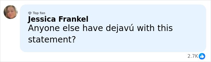 Jessica Frankel commenting on Bill Clinton's fiery statement after Hillary’s testimony on Epstein ties, with 2.7K likes.