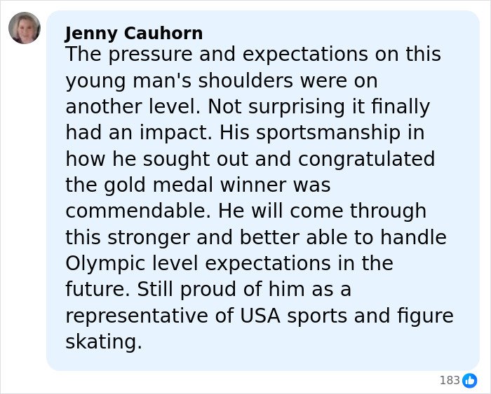 Comment from Jenny Cauhorn reflecting on pressure and sportsmanship of Olympic star Ilia Malinin after major defeat.