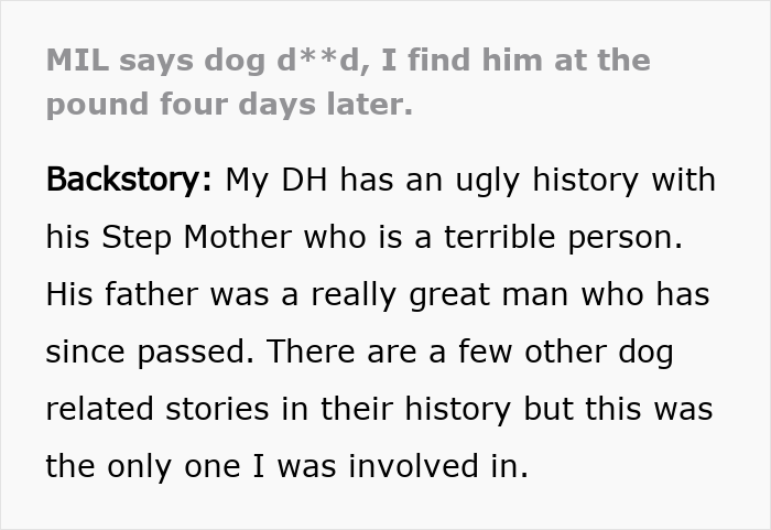Text excerpt discussing MIL pretending dog passed away, family discovers dog alive at the shelter, highlighting dog abandonment issue.