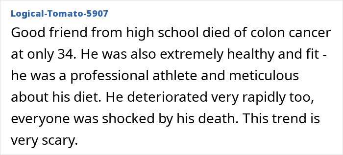 Text discussing a friend’s rapid decline and death from colon cancer despite being healthy, highlighting ignored colorectal cancer symptoms.