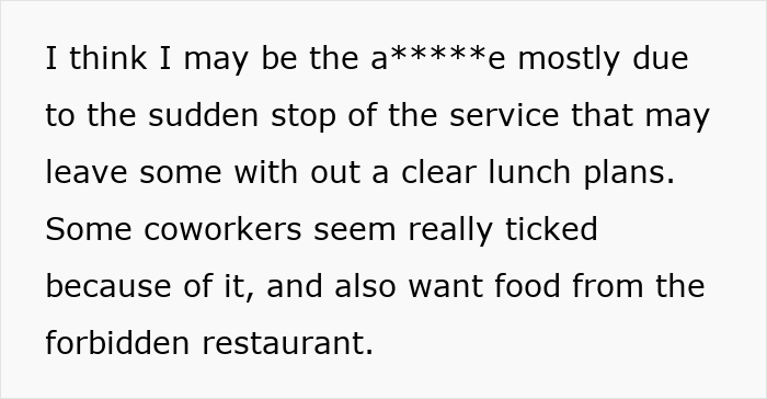 Text excerpt about coworker entitlement causing conflict at work after lunch deliveries stop.