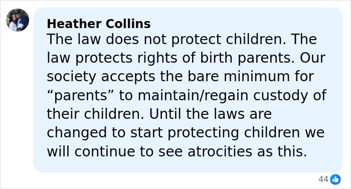 Comment by Heather Collins discussing legal protections for children versus birth parents in a horrifying exchange between young parents.