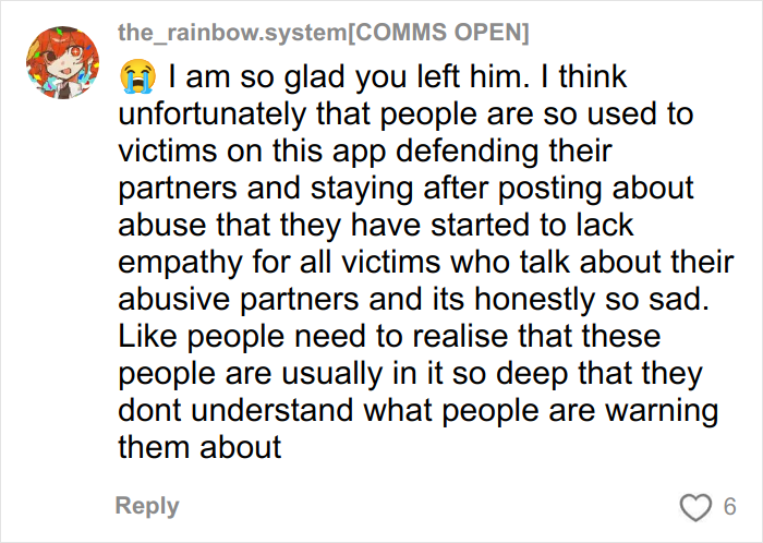 Comment expressing relief that a woman escaped after discovering her boyfriend’s YouTube history signaling danger.