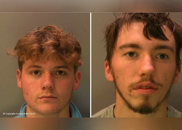 Mugshots of two students involved in blowing up sheep with fireworks after a violent attack, facing their legal fate.