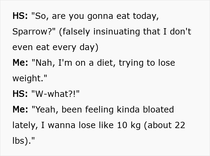 Alt text: Text conversation showing man responding to boss comments about his low weight and mentioning losing 10 kg on a diet.