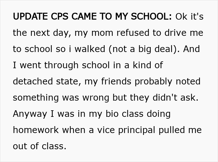 Text post describing a teen's update about CPS involvement at school after being honest with her therapist.