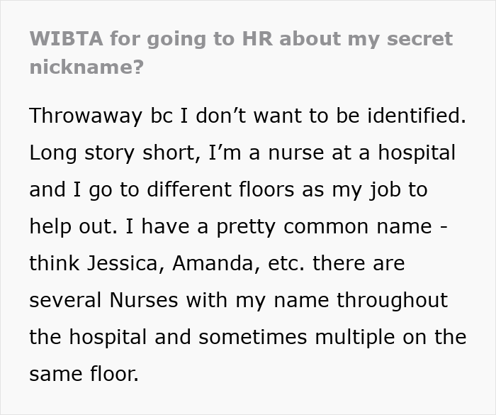 Text post discussing a nurse’s work nickname causing embarrassment, leading husband to buy new bras.