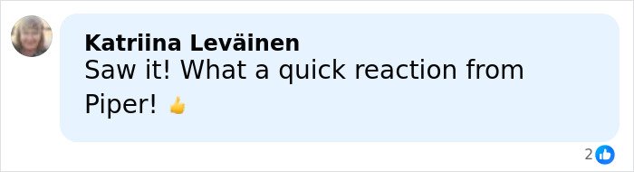 Comment from Katriina Leväinen praising Olympic ice skater Piper’s quick reaction after wardrobe malfunction during routine.