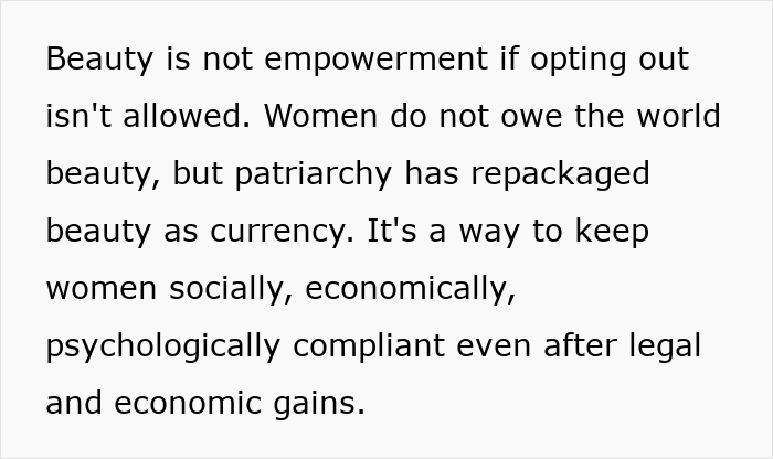 Text explaining how beauty standards don't work and are used against women to maintain control socially and economically.