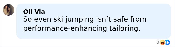Comment about ski jumping and performance-enhancing tailoring related to manhood scandal in Winter Olympics discussion.
