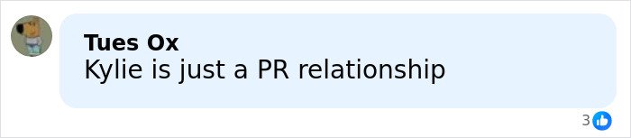 Text post stating Kylie is just a PR relationship, posted by user Tues Ox with a profile picture.