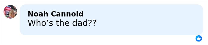 Social media comment asking Who's the dad with a blurred profile picture and light blue background.