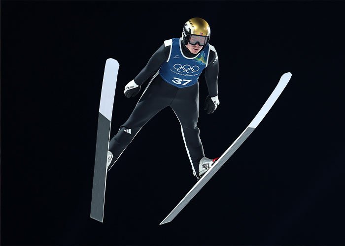 Ski jumper in mid-air during Winter Olympics, linked to scandal involving acid use for male enhancement cheating.