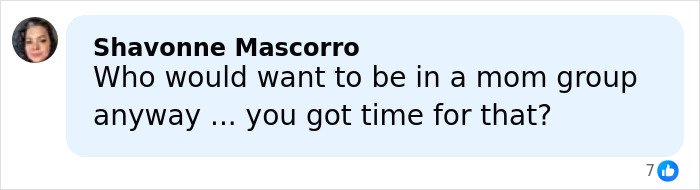 Comment from Shavonne Mascorro questioning interest in mom groups, reflecting toxic mom drama and tensions.