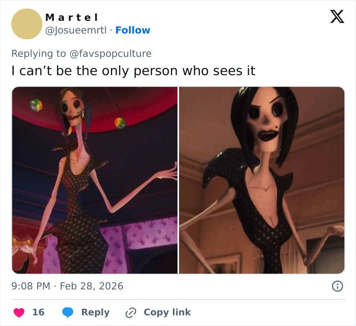 Animated character with exaggerated thin face and sharp features, related to fans accusing Kelly Osbourne of buccal fat removal.