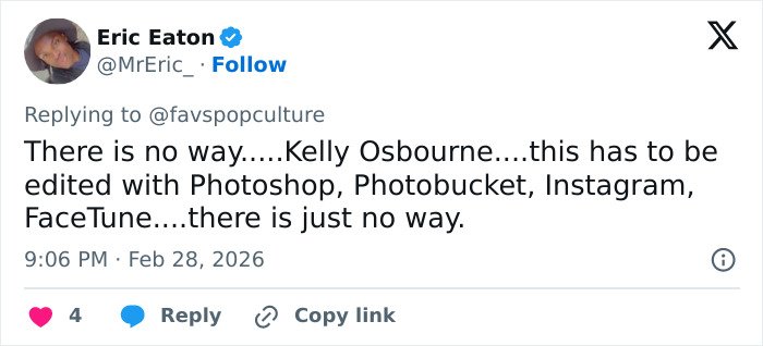 Tweet text discussing fans accusing Kelly Osbourne of buccal fat removal and photo editing speculation.