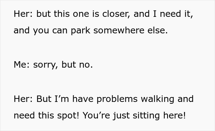 Text conversation showing entitled lady demanding handicapped parking spot while person refuses to move, highlighting handicapped spot drama.