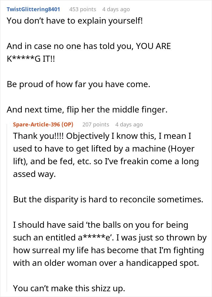 Comments discussing a person dealing with handicapped spot drama after an entitled lady confronts them online.