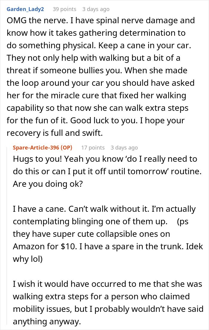 Comments exchange about dealing with handicapped spot drama after confrontation by an entitled lady on mobility issues.