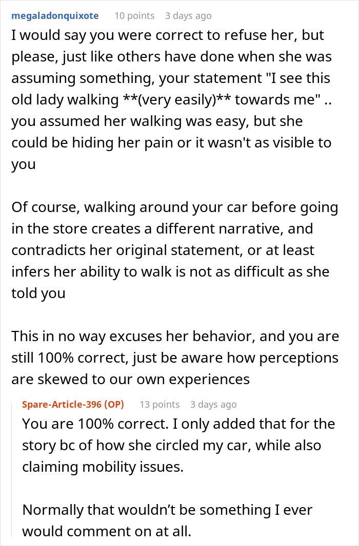 Screenshot of an online discussion about dealing with handicapped spot drama involving an entitled lady confrontation.