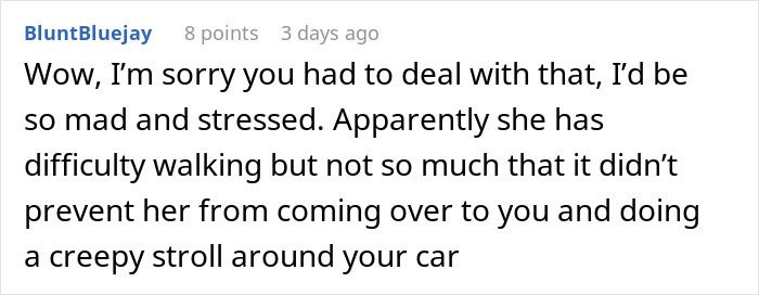 Reddit user expressing sympathy after person faces handicapped spot drama with an entitled lady confrontation.