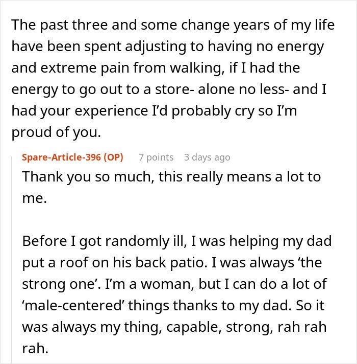 Text conversation showing a person describing struggles with pain and energy related to handicapped spot drama.