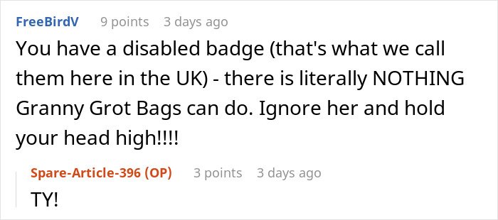 Screenshot of a Reddit comment discussing a disabled badge and handicapped spot drama involving an entitled lady confrontation.