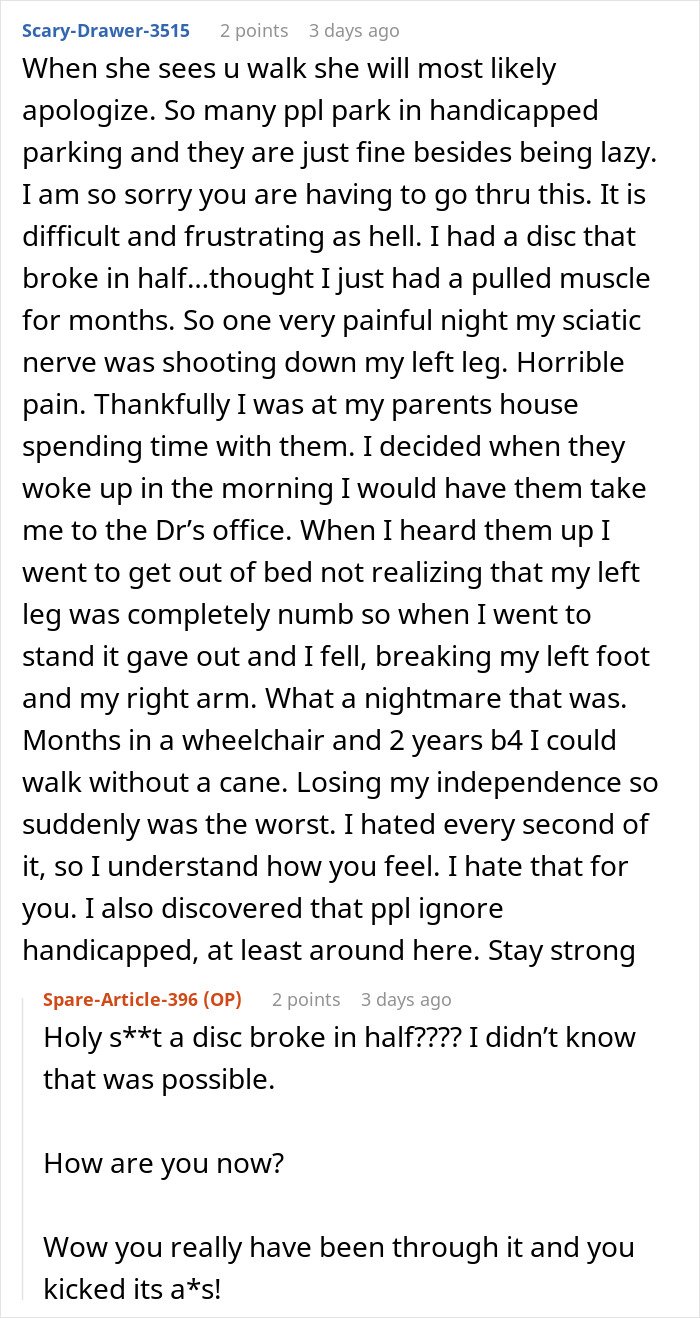 Commenters discuss challenges faced by a person dealing with handicapped spot drama and entitlement confrontations.