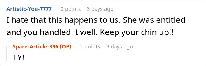 Comment thread showing user discussing dealing with handicapped spot drama after an entitled lady confrontation.