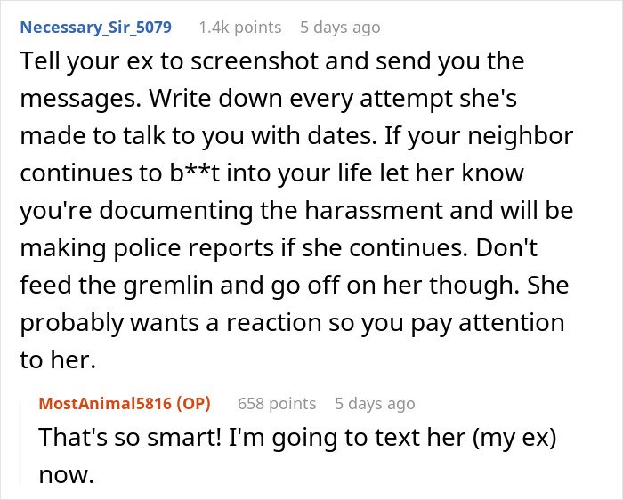 Screenshot of online advice recommending documenting harassment from an unhinged neighbor causing stress and paranoia.